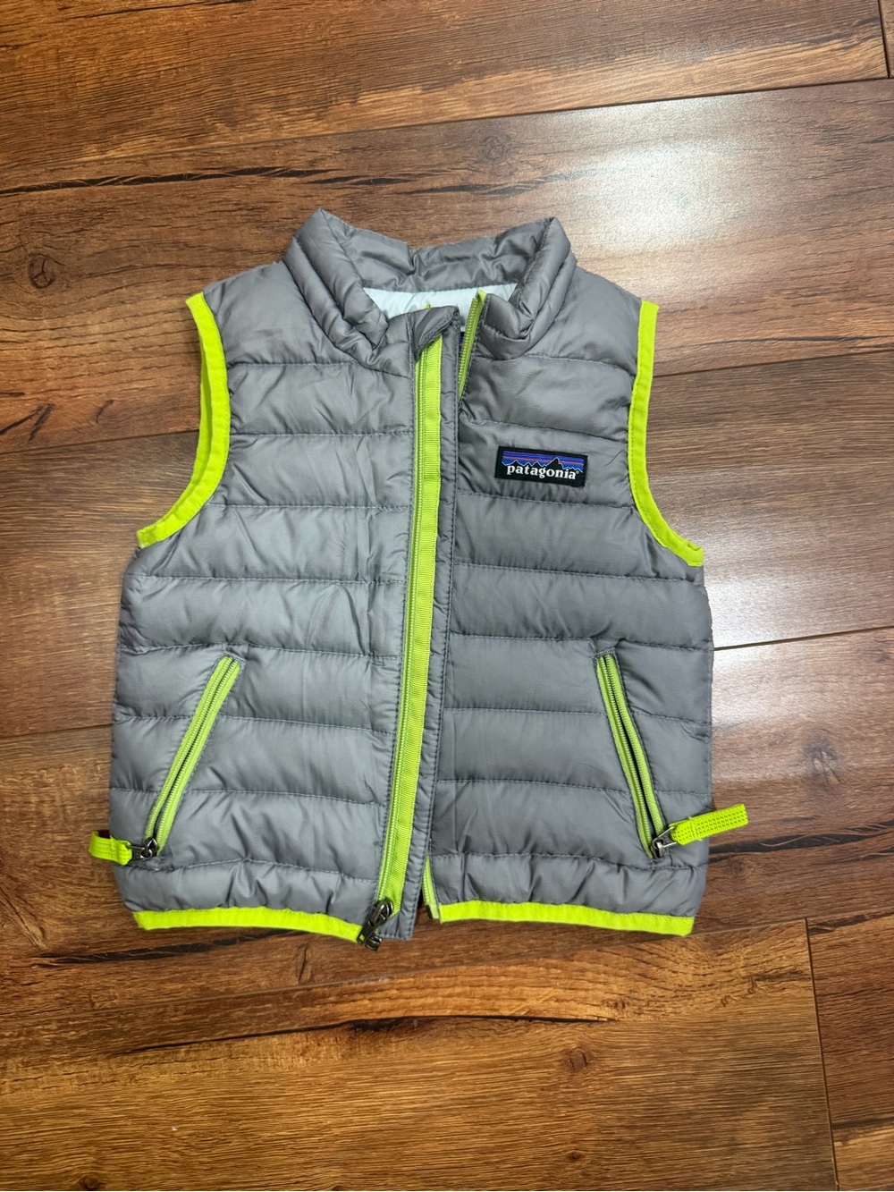 Patagonia Kids Gray Puffer Vest with Lime Trim 6 months